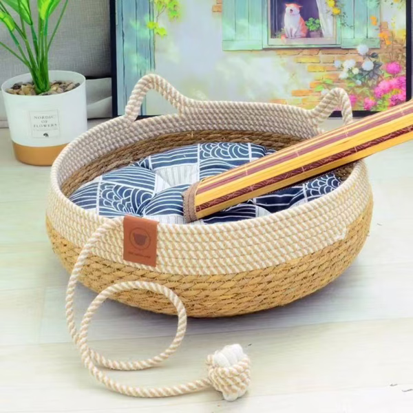All-Season Woven Rattan Cat Bed with Scratching Pad – Extra Large Cooling Mat for Kittens and Cats – Summer Pet Supplies