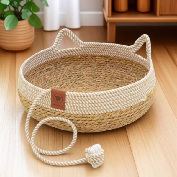 All-Season Woven Rattan Cat Bed with Scratching Pad – Extra Large Cooling Mat for Kittens and Cats – Summer Pet Supplies