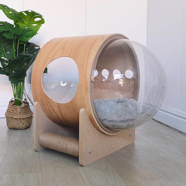 Space Capsule Cat House – Round Transparent Wooden Pet Pod with Dual-Sided Scratching Posts | All-Season Cozy Nest