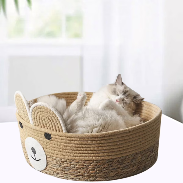 Handwoven Cotton Rope & Straw Cat Basket – All-Season Pet Nest with Washable Cat Scratcher