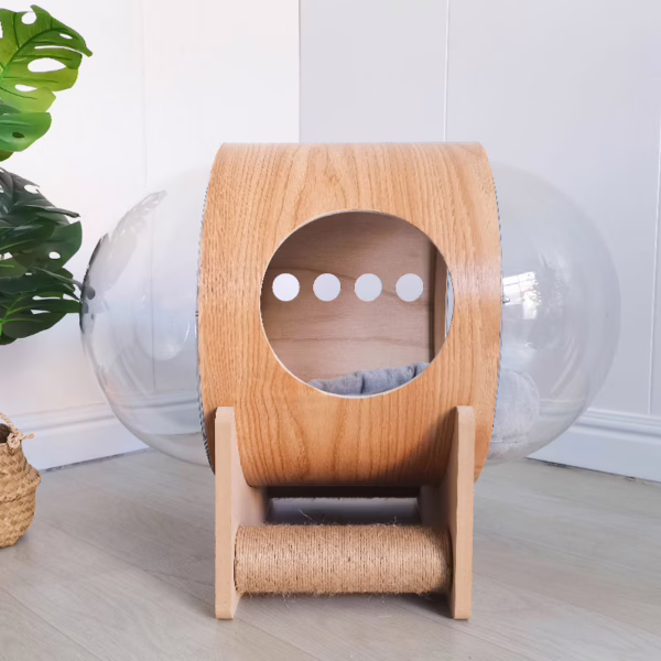 Space Capsule Cat House – Round Transparent Wooden Pet Pod with Dual-Sided Scratching Posts | All-Season Cozy Nest