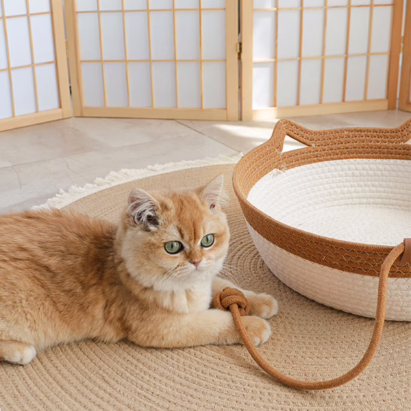 Breathable All-Season Cat House – Summer Straw Pet Bed with Scratcher