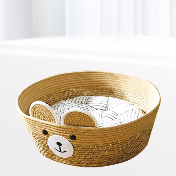 Handwoven Cotton Rope & Straw Cat Basket – All-Season Pet Nest with Washable Cat Scratcher