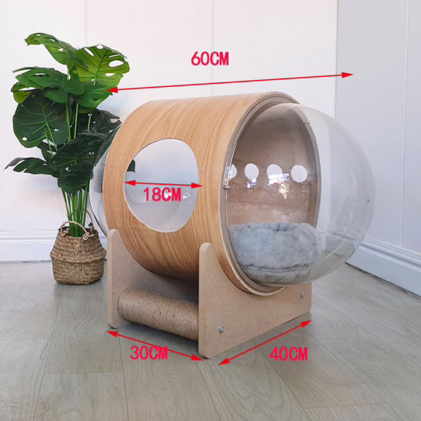 Space Capsule Cat House – Round Transparent Wooden Pet Pod with Dual-Sided Scratching Posts | All-Season Cozy Nest