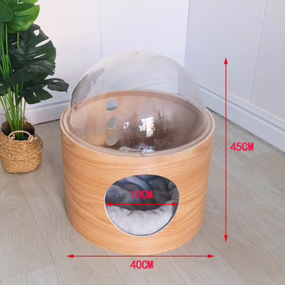 Space Capsule Cat House – Round Transparent Wooden Pet Pod with Dual-Sided Scratching Posts | All-Season Cozy Nest