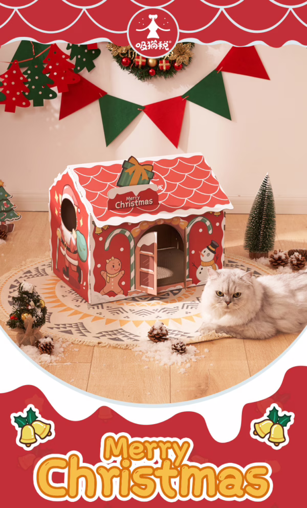 Christmas-Themed Foldable Cardboard Cat House – Eco-Friendly Creative Paper Pet Bed with Scratcher for Cross-Border Trade