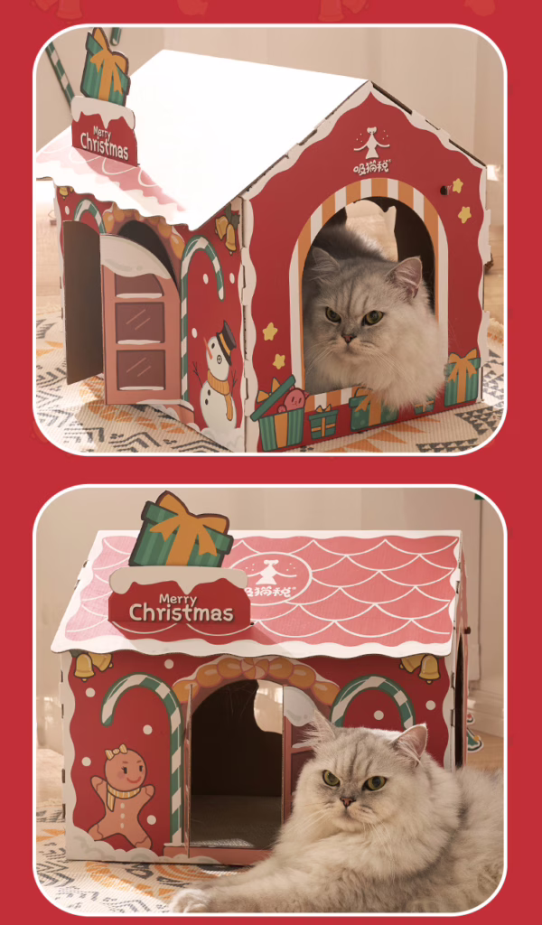 Christmas-Themed Foldable Cardboard Cat House – Eco-Friendly Creative Paper Pet Bed with Scratcher for Cross-Border Trade