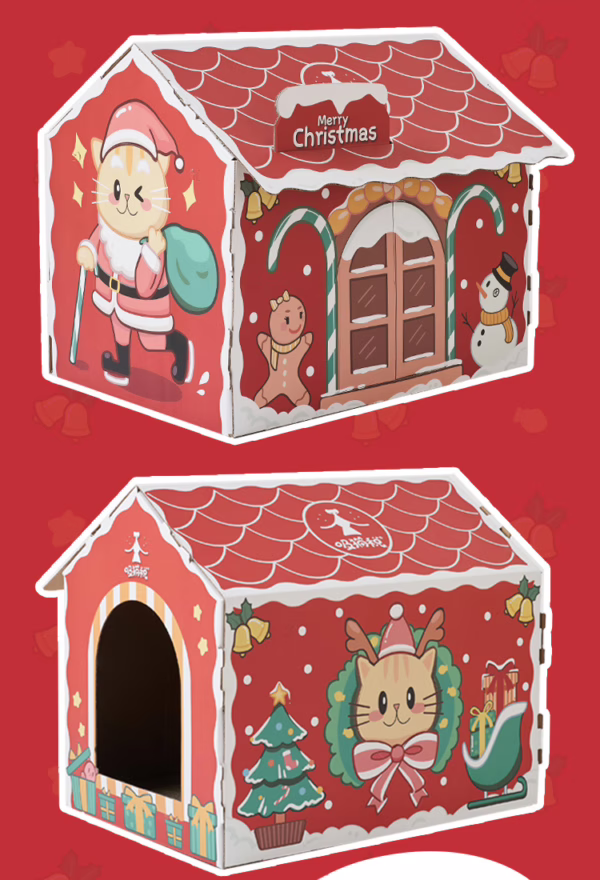 Christmas-Themed Foldable Cardboard Cat House – Eco-Friendly Creative Paper Pet Bed with Scratcher for Cross-Border Trade