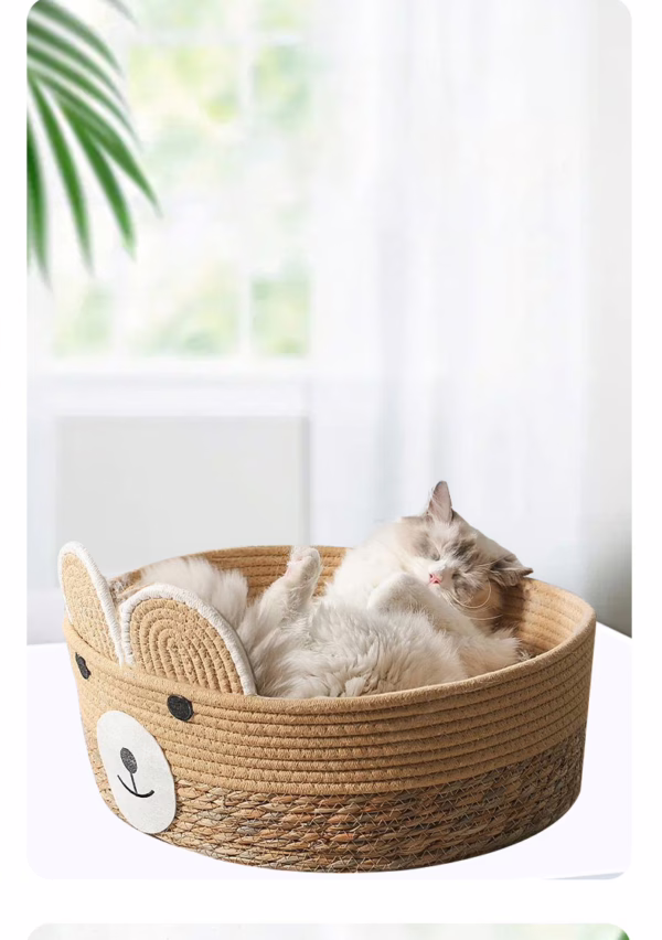 Handwoven Cotton Rope & Straw Cat Basket – All-Season Pet Nest with Washable Cat Scratcher