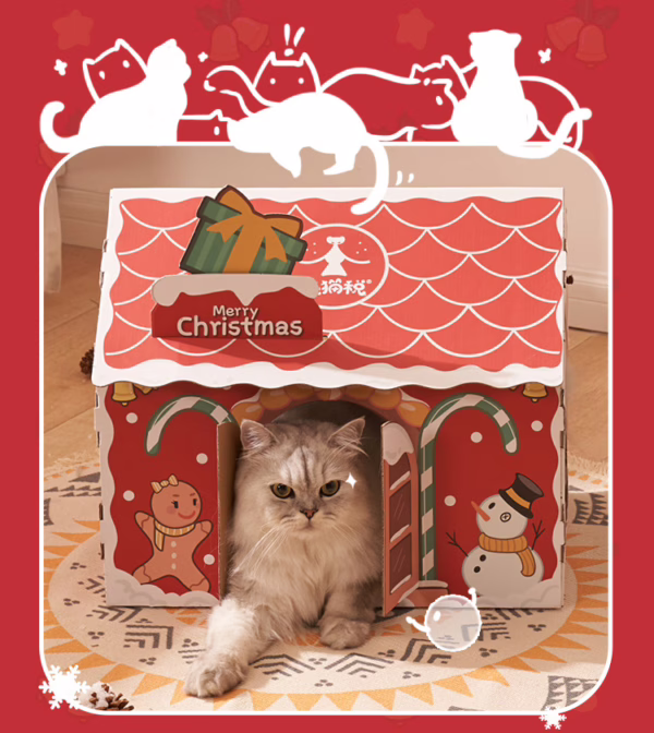 Christmas-Themed Foldable Cardboard Cat House – Eco-Friendly Creative Paper Pet Bed with Scratcher for Cross-Border Trade