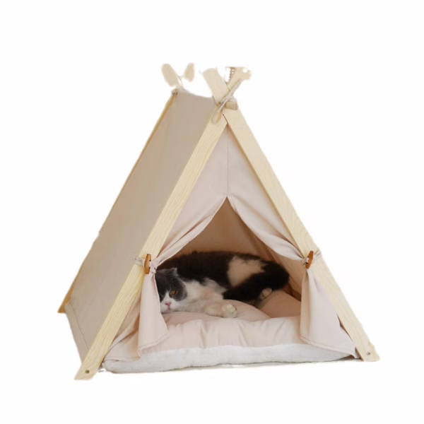 In-Stock Pet Tent – Popular Semi-Enclosed Cat Nest with a Wooden Triangular Frame for a Cozy and Secure Maternity Space