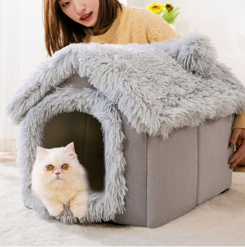 Fully Enclosed Pet House Bed – Foldable Insulated Cat Villa & Cozy Dog Nest for Small to Medium Pets